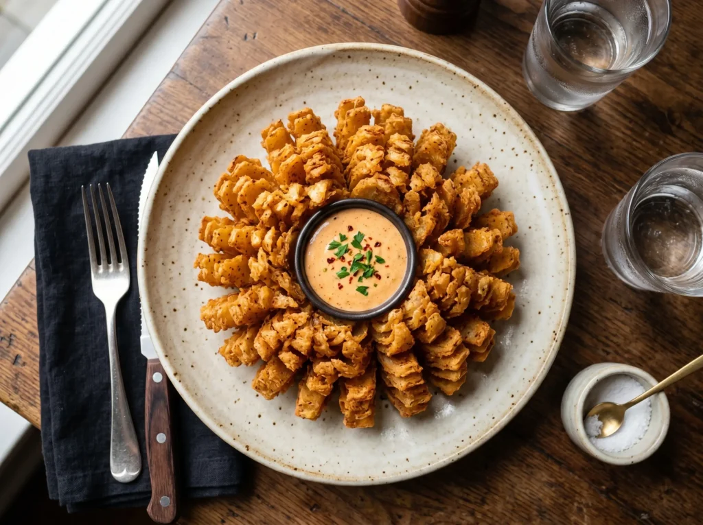 Golden bloomin onion served with creamy spicy sauce for dipping