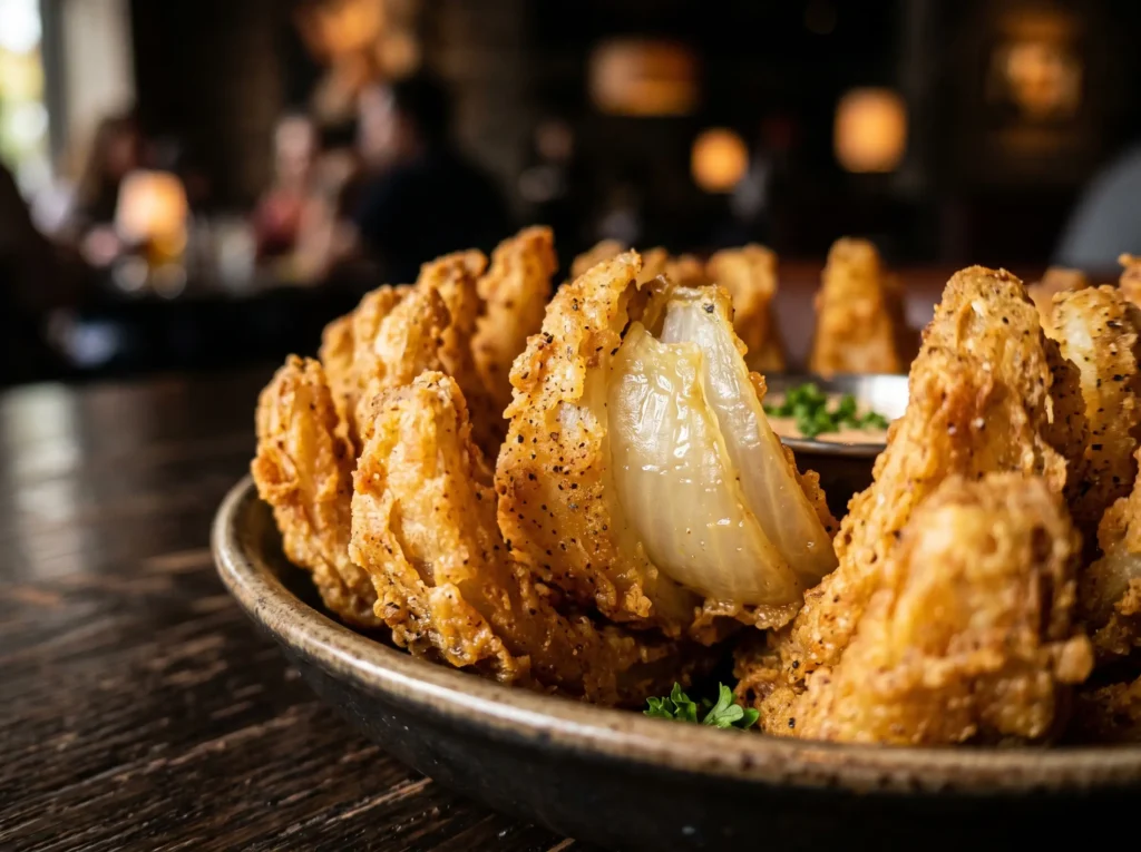 Close-up view of crispy bloomin onion petals showing golden fried texture and seasoning
