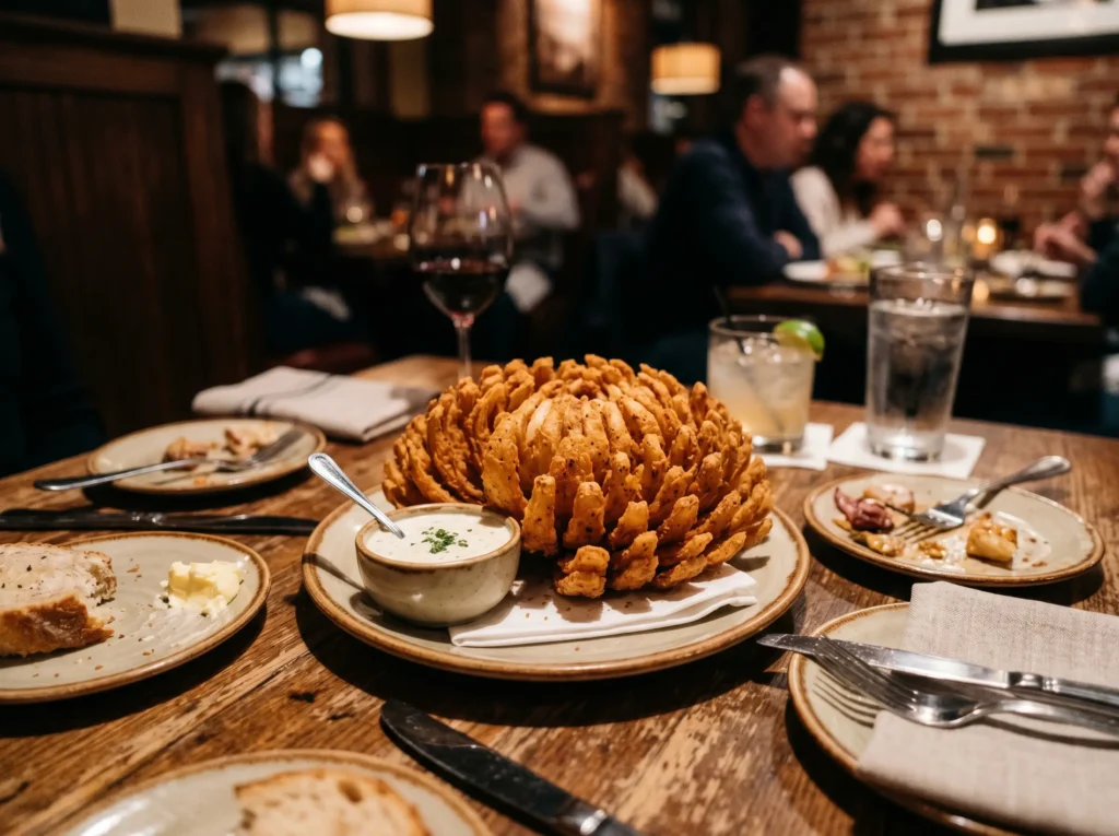 Shareable bloomin onion appetizer served on a restaurant table before the main meal
