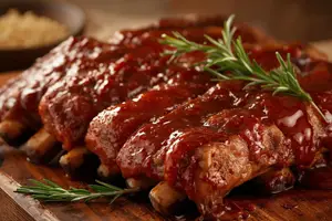 Slow-cooked baby back ribs coated in rich barbecue sauce, garnished with fresh rosemary on a wooden board.