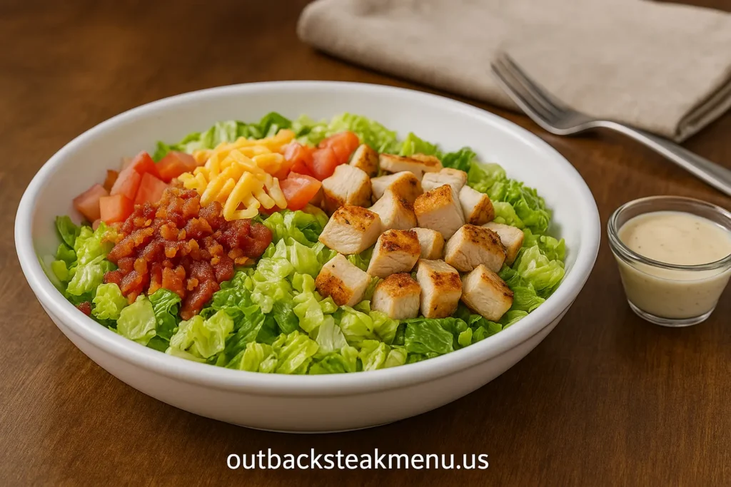 Outback gluten free menu showing Aussie Cobb salad with grilled chicken, fresh vegetables, and gluten-free dressing