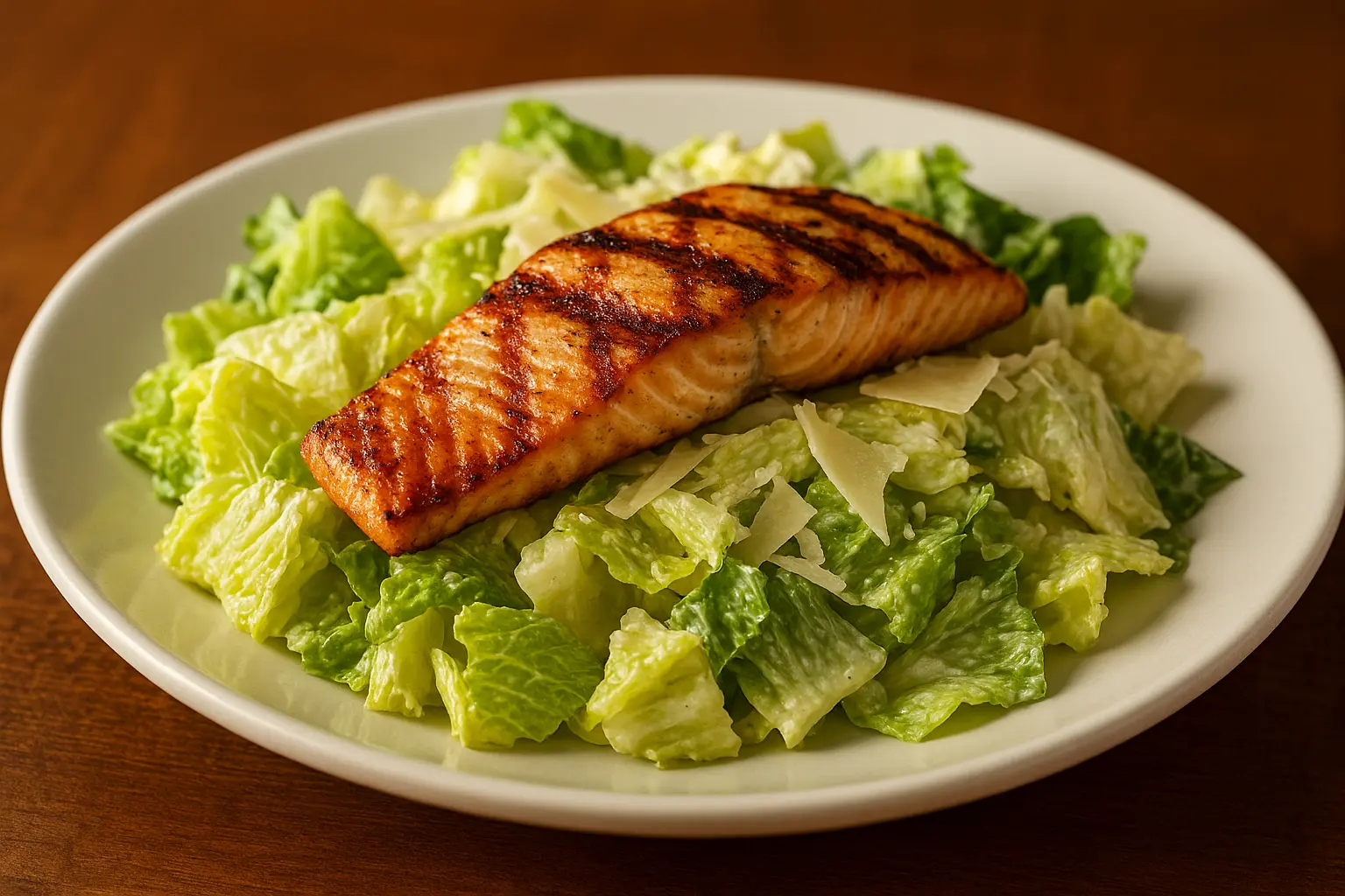 Brisbane Caesar Salmon salad from Outback Steakhouse featuring grilled salmon, romaine lettuce, parmesan cheese and creamy Caesar dressing