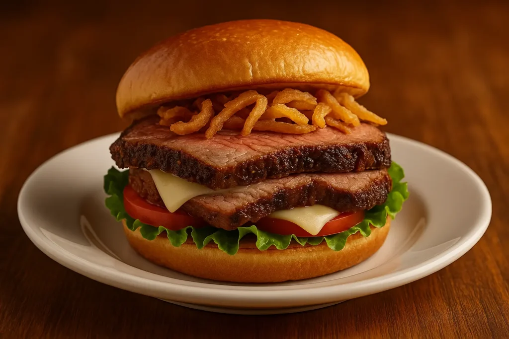 Prime rib sandwich with thinly sliced roasted beef, melted cheese, and fresh lettuce on a toasted bun, served on a white plate over a wooden table.