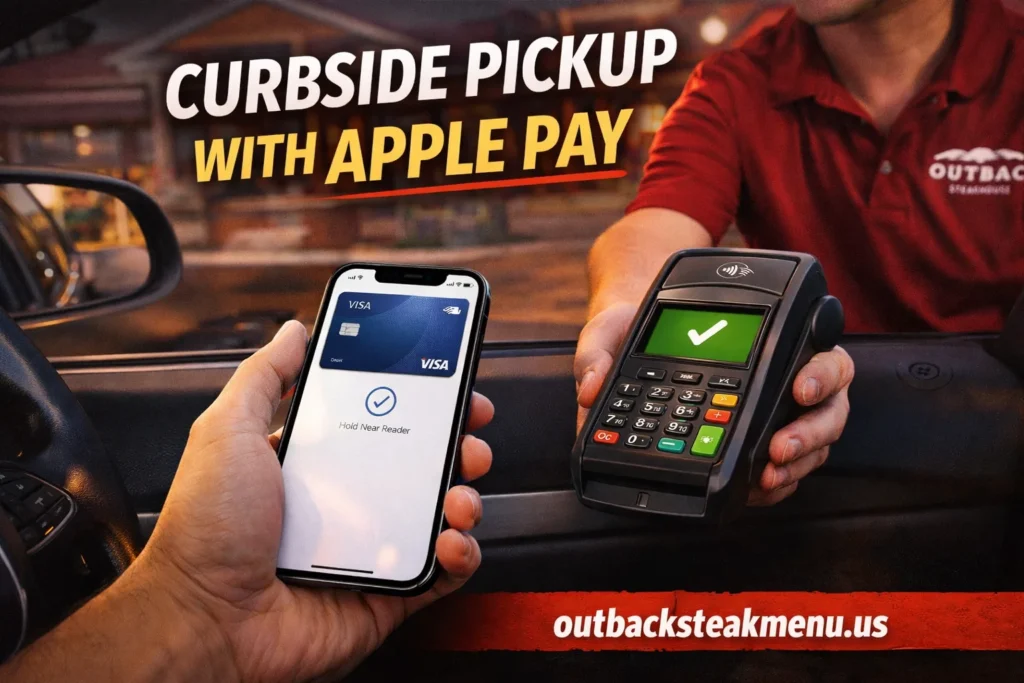 Customer using Apple Pay for curbside pickup at Outback Steakhouse with NFC payment terminal in 2026