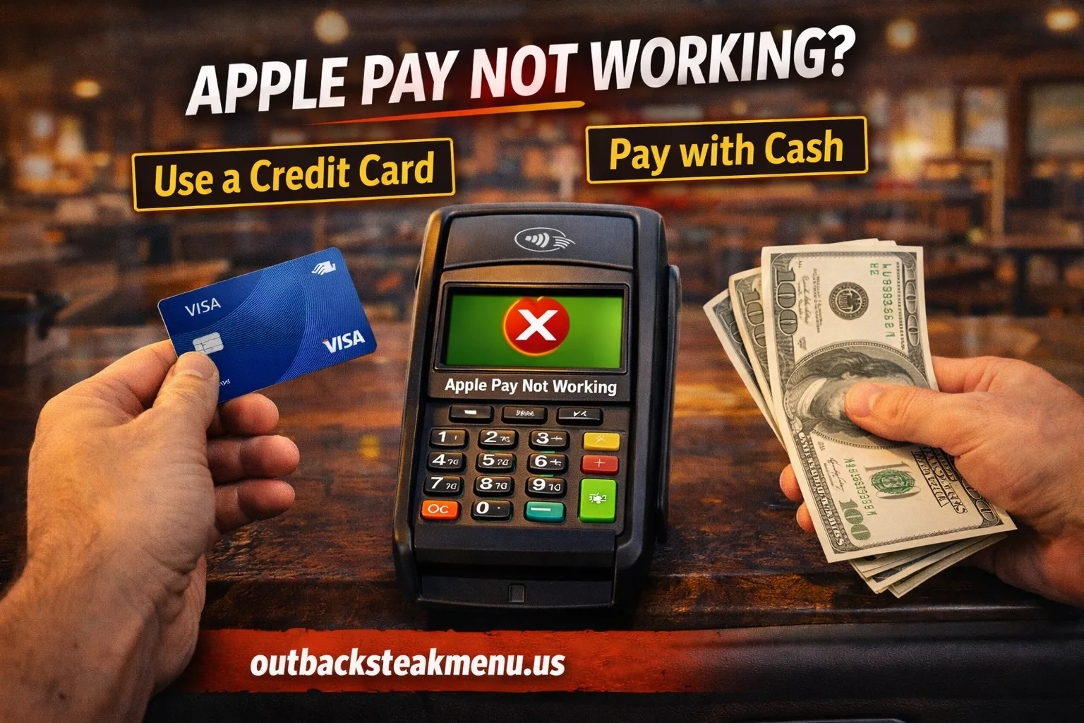 Apple Pay not working at Outback Steakhouse showing payment terminal error with credit card and cash alternatives in 2026