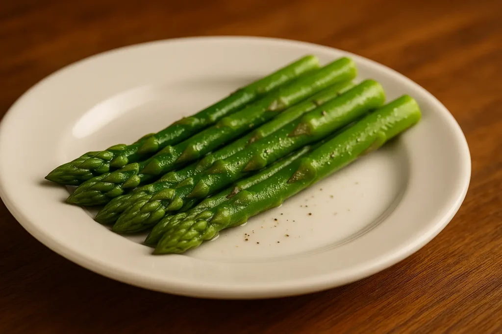 Steamed asparagus spears lightly seasoned with salt and pepper, arranged on a white plate over a wooden table.