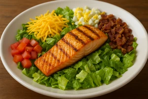 Aussie Cobb salad with grilled salmon from Outback Steakhouse featuring fresh lettuce, bacon, eggs, cheese, tomatoes and seasoned salmon fillet