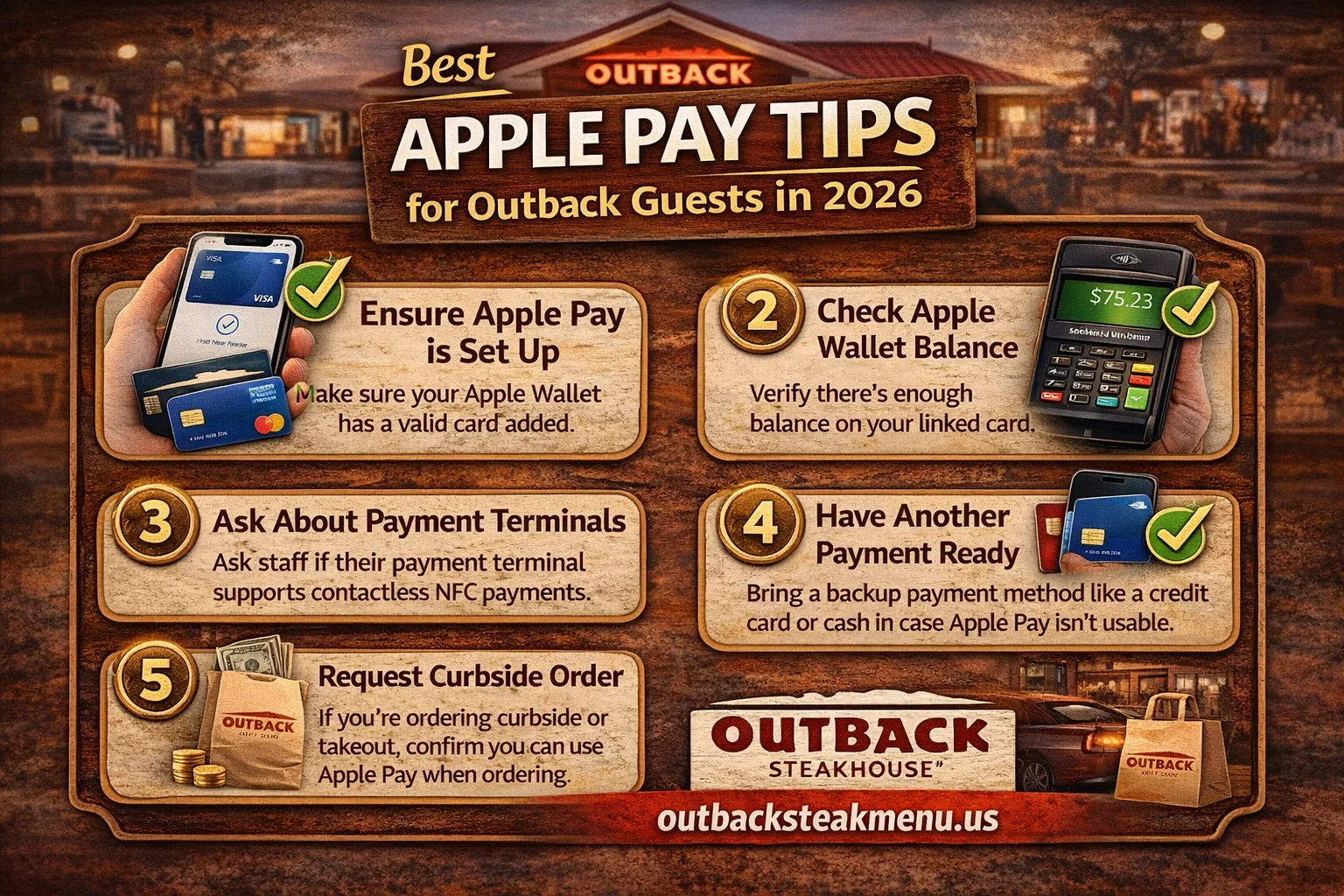Infographic showing best Apple Pay tips for Outback Steakhouse guests in 2026 including wallet setup, NFC terminals, curbside payments, and backup options