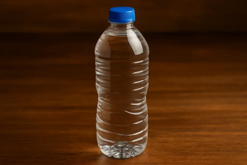 Clear plastic bottled water with a blue cap placed on a wooden surface, photographed in a clean and minimal style.