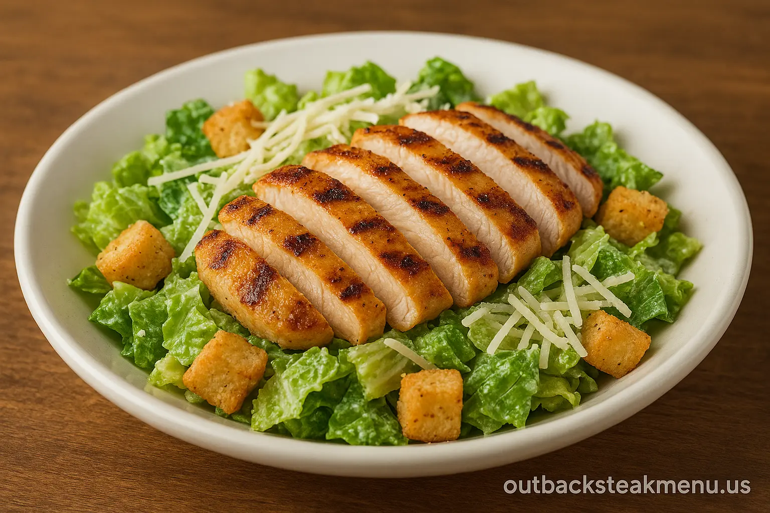Brisbane Caesar Chicken salad from Outback Steakhouse featuring grilled chicken, romaine lettuce, parmesan cheese and Caesar dressing