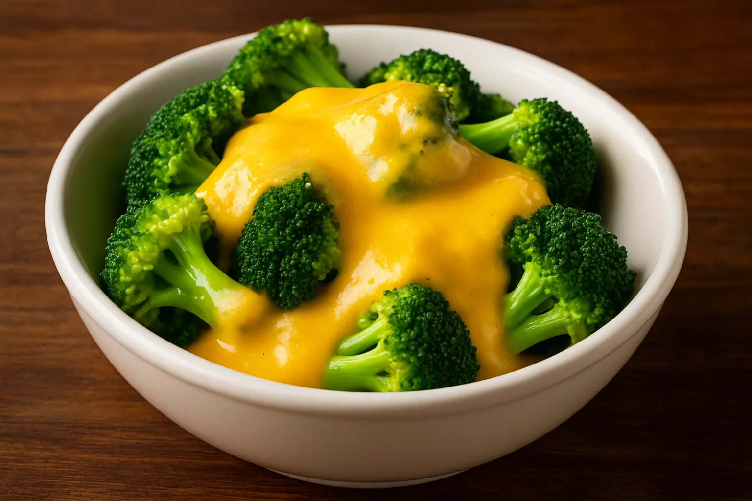 Outback Steakhouse Broccoli & Cheese side dish featuring steamed broccoli topped with creamy cheddar cheese sauce in a white bowl.