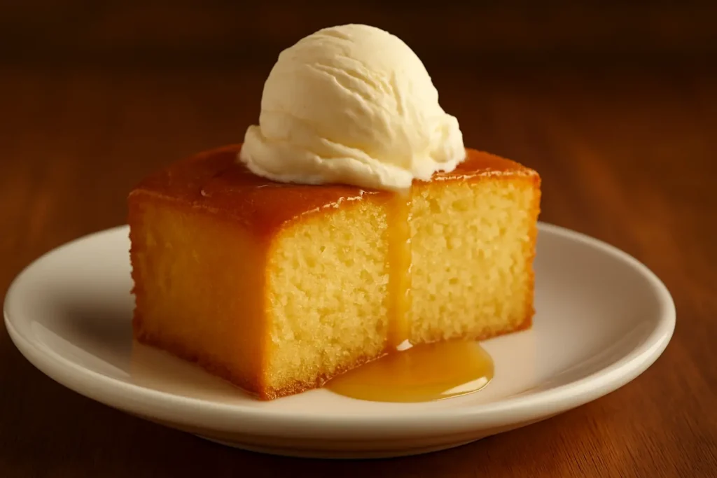 Warm butter cake topped with a scoop of vanilla ice cream and drizzled with golden sauce, served on a white plate.