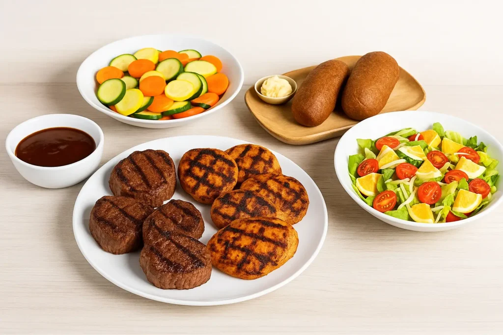 Center-Cut Sirloin & Grilled Chicken for 4 featuring grilled sirloin medallions and chicken breasts with char marks, served with mixed vegetables, fresh garden salad, dinner rolls with butter, and steak sauce on a light wooden table.