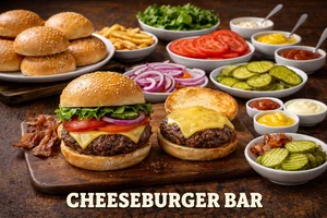 Cheeseburger Bar featuring juicy beef patties with melted cheese, fresh buns, bacon, pickles, onions, sauces, and classic burger toppings