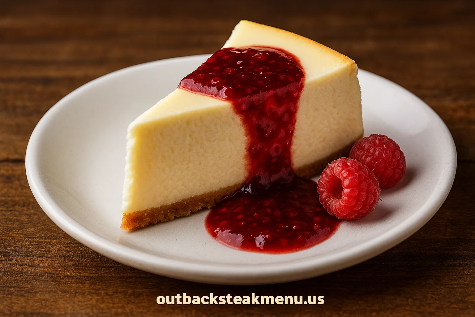 Slice of creamy cheesecake topped with raspberry sauce and fresh raspberries on a white plate, branded with outbacksteakmenu.us