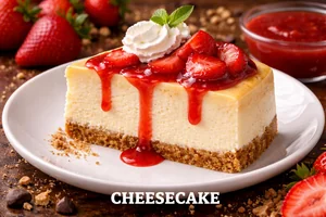 Classic cheesecake slice topped with strawberry sauce and fresh strawberries, served with whipped cream on a graham cracker crust