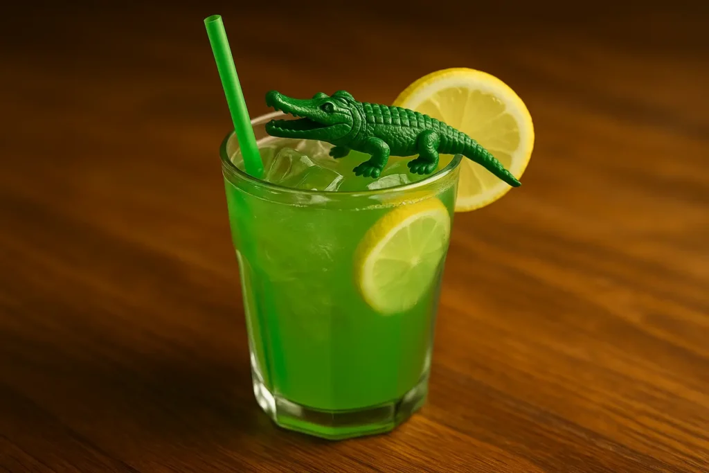 Bright green Croc-tail cocktail served over ice in a clear glass, garnished with a lemon slice and a crocodile-themed topper.