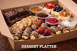 Dessert Platter featuring brownies, chocolate chip cookies, cheesecake bites with fruit toppings, mini eclairs, strawberries, and dessert dipping sauces