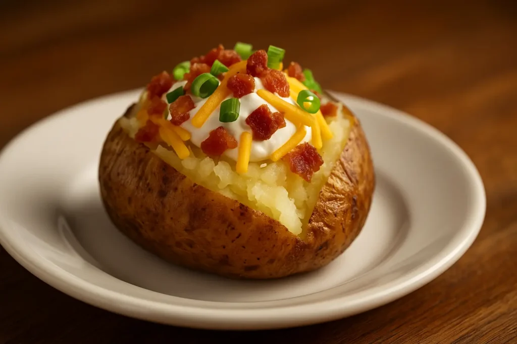 Fully dressed baked potato topped with melted cheddar cheese, sour cream, crispy bacon bits, and fresh green onions on a white plate.