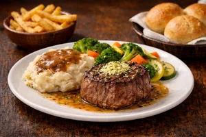 Filet Mignon Bundle featuring a tender grilled filet mignon steak topped with garlic butter, served with mashed potatoes, vegetables, fries, and fresh dinner rolls