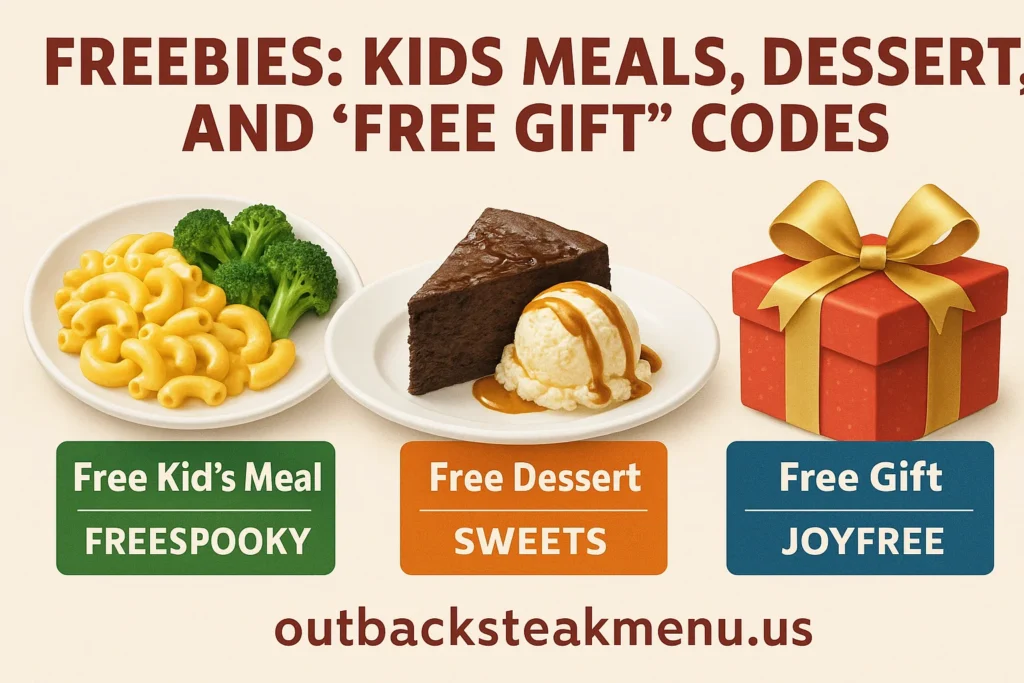 Infographic showing Outback Steakhouse freebies including free kid’s meal, free dessert, and free gift codes such as FREESPOOKY, SWEETS, and JOYFREE with realistic food visuals