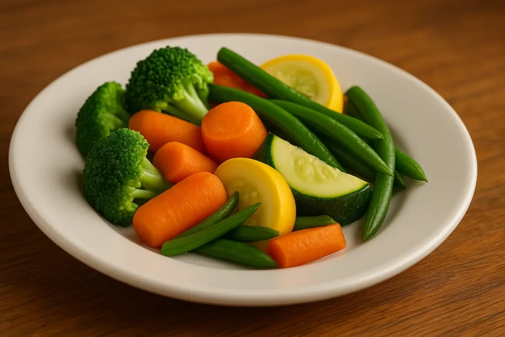 Fresh steamed seasonal veggies including broccoli, carrots, green beans, yellow squash, and zucchini served on a white plate.