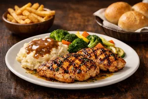 Grilled Chicken Bundle featuring juicy grilled chicken breast served with mashed potatoes, vegetables, fries, and fresh rolls