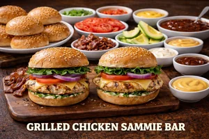 Grilled Chicken Sammie Bar featuring grilled chicken sandwiches with lettuce, tomato, cheese, bacon, fresh buns, and assorted sauces