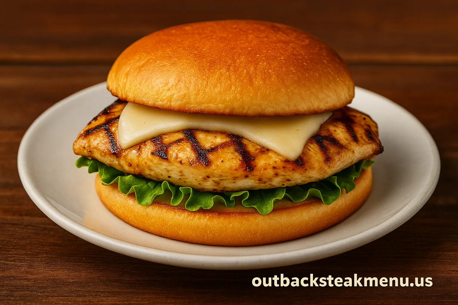 Grilled Chicken Sandwich with melted cheese and lettuce on a toasted brioche bun, served on a white plate with outbacksteakmenu.us branding