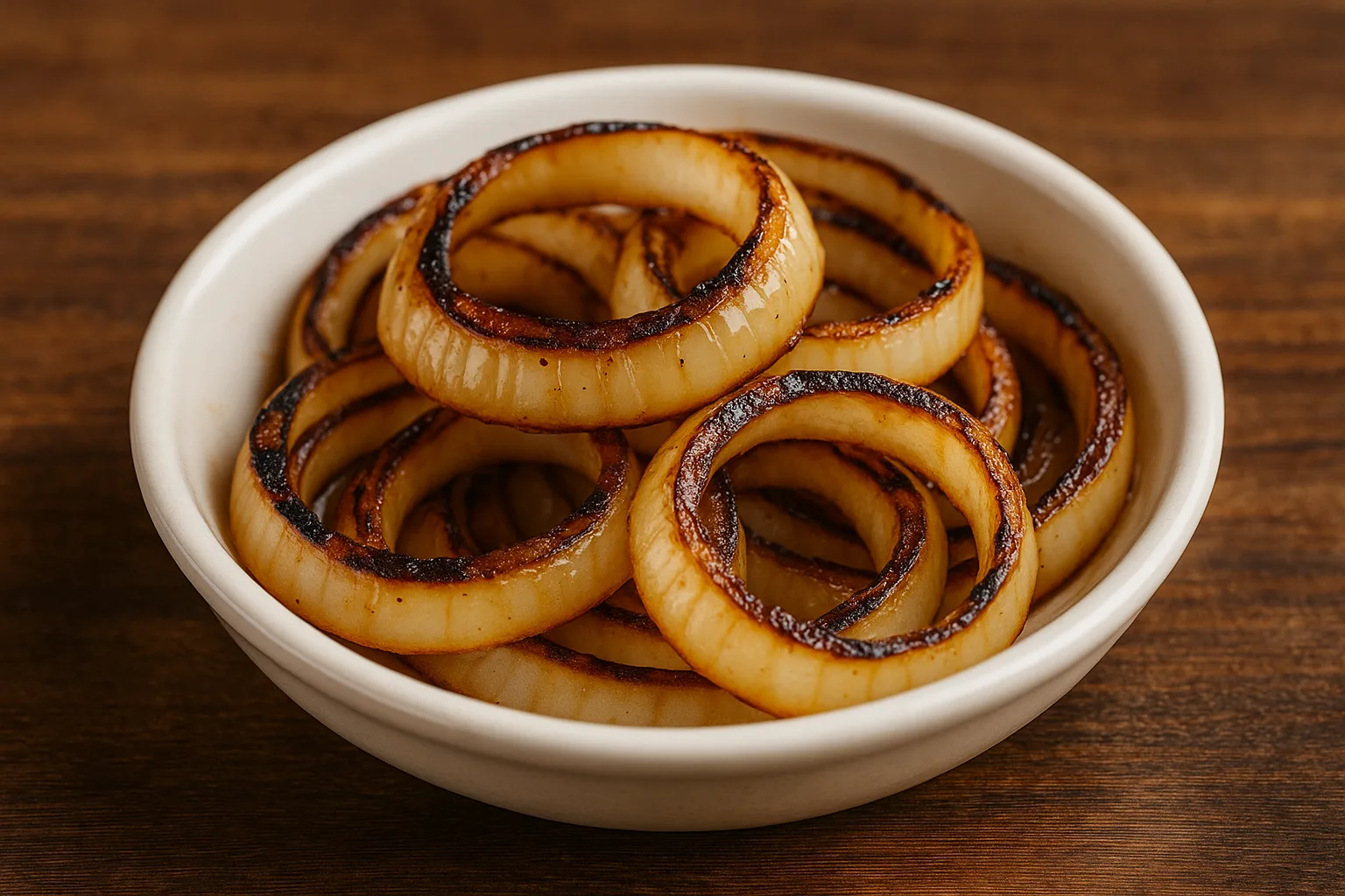 Outback Steakhouse grilled onions served in a white bowl, featuring caramelized onion rings with a warm wooden-table background.