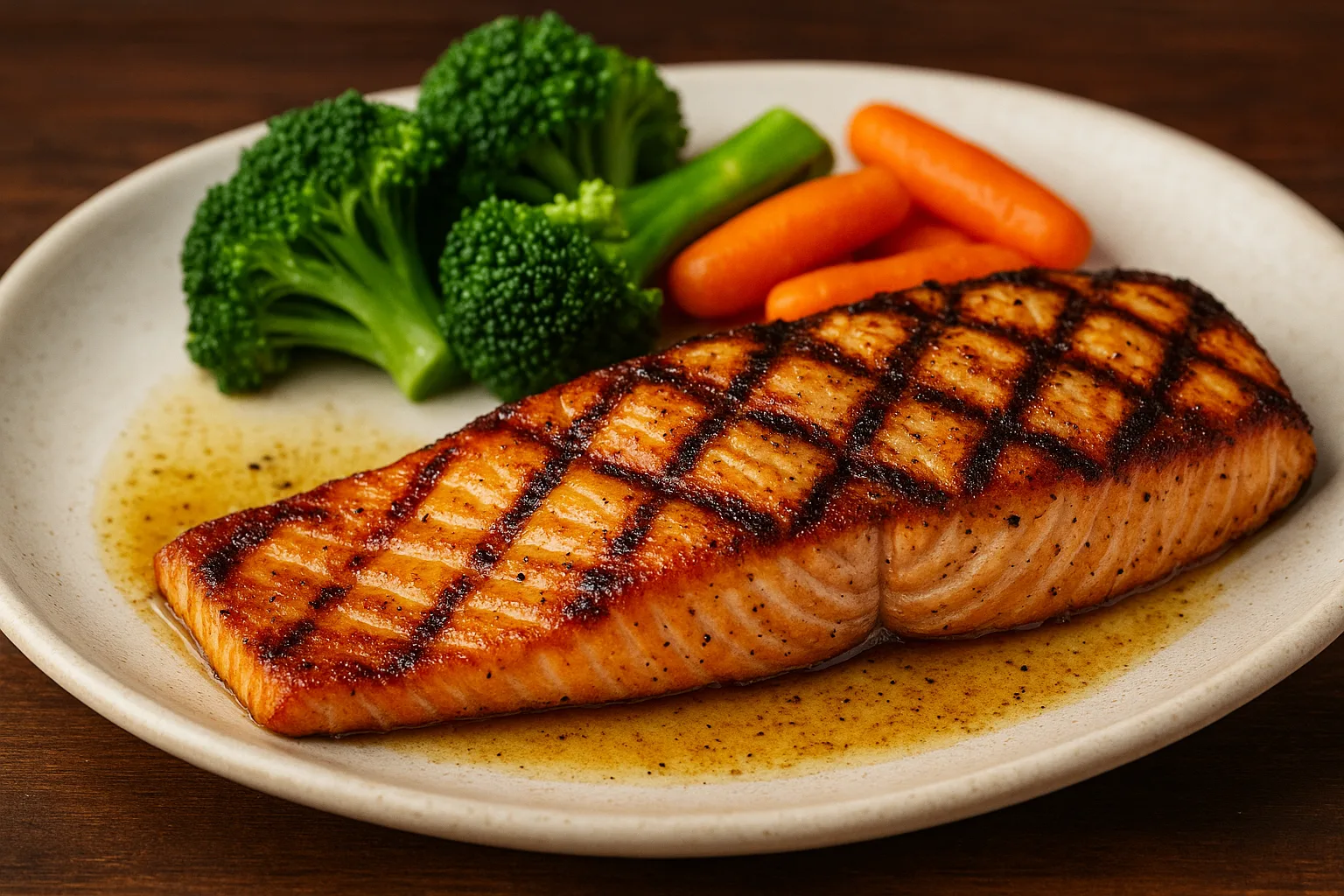 Outback Steakhouse Grilled Salmon fillet served with steamed broccoli and carrots on a classic lunch plate.