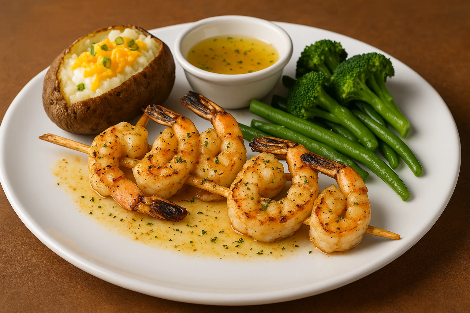 Grilled shrimp entrée from the Outback gluten free menu served with baked potato and fresh vegetables
