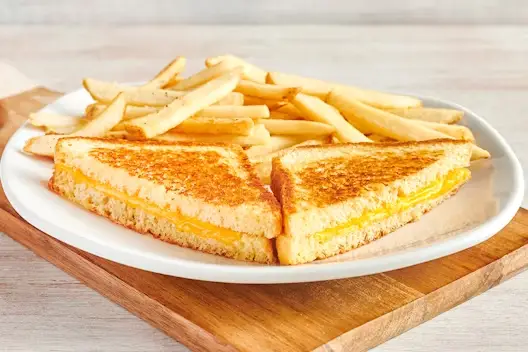 Golden grilled cheese sandwich cut into halves and served with a side of crispy French fries on a white plate.