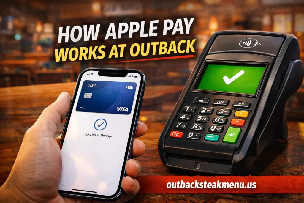 How Apple Pay works at Outback Steakhouse showing iPhone making a contactless payment at an NFC terminal in 2026