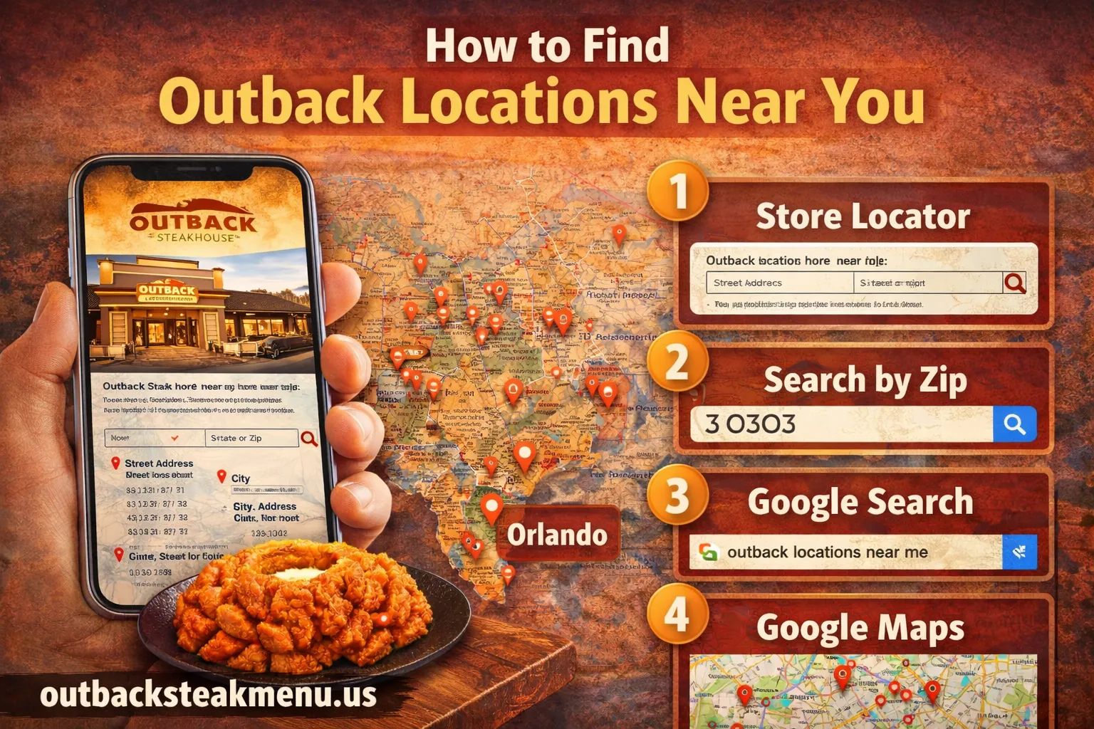 How to find outback locations near you using store locator, zip code search, Google search, and Google Maps