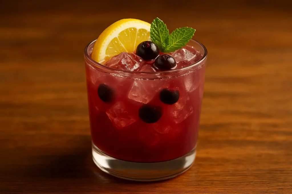 Huckleberry Hooch cocktail served over ice in a clear glass, garnished with fresh huckleberries, a lemon wedge, and mint on a wooden table.