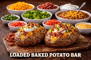 Loaded Baked Potato Bar featuring baked potatoes topped with cheddar cheese, bacon, sour cream, chives, broccoli, and assorted toppings