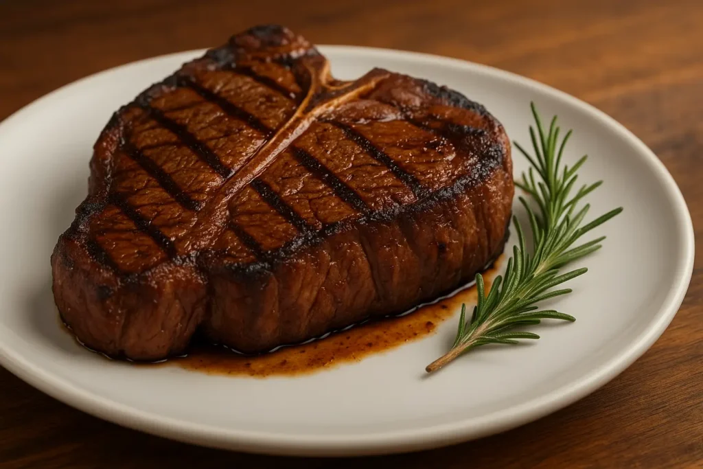 Melbourne Porterhouse 22 oz steak, perfectly grilled with bold charred grill marks, served on a white plate with a sprig of fresh rosemary.
