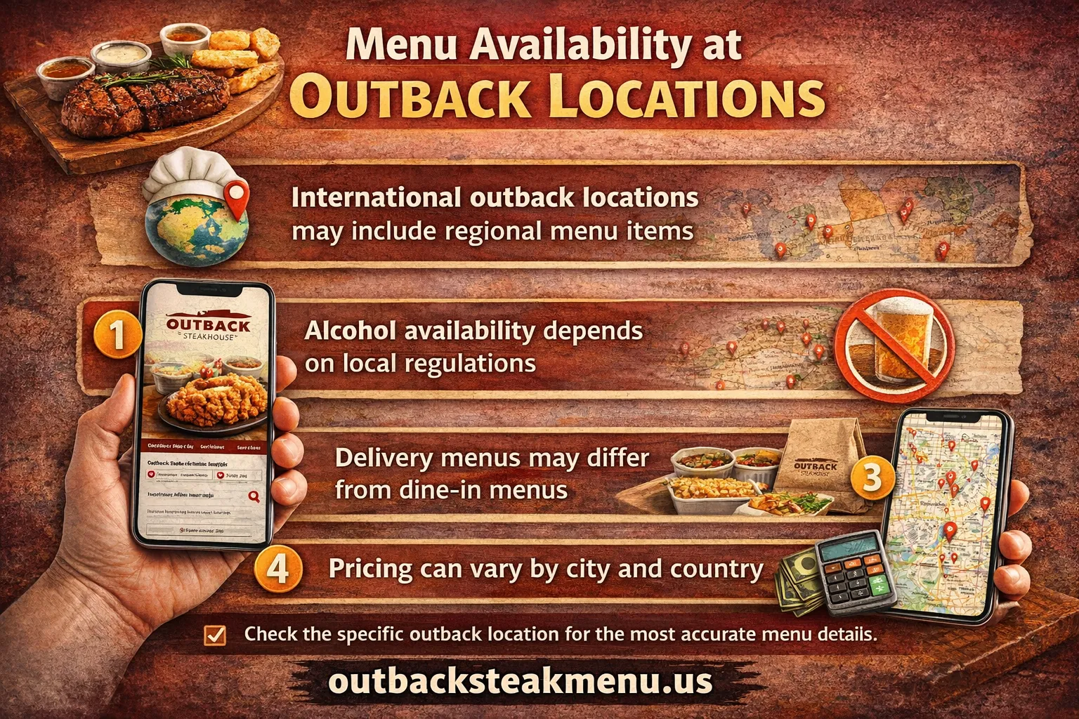 Menu availability at outback locations showing regional menu items, alcohol availability, delivery menu differences, and price variation