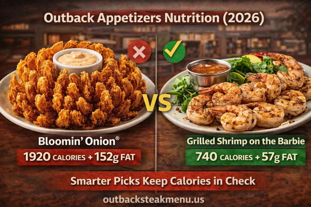 Outback Steakhouse appetizers nutrition comparison showing Bloomin’ Onion calories vs Grilled Shrimp on the Barbie for a lighter choice in 2026