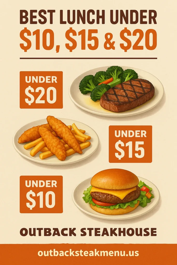 Infographic showing Outback Steakhouse lunch items categorized under $10, under $15, and under $20, including burger, chicken tenders, fries, and steak with outbacksteakmenu.us branding