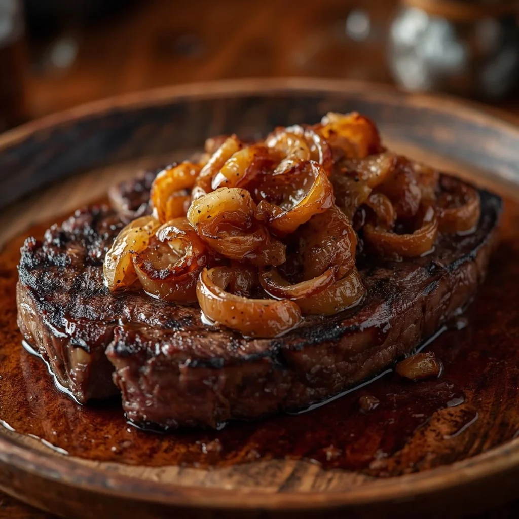 Bone-In ribeye steak topped with caramelized bourbon onions and pan juices on a wooden plate
