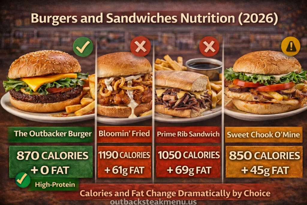 Outback Steakhouse burgers and sandwiches nutrition infographic 2026 showing calories and fat for Outbacker Burger, Bloomin Fried Chicken Sandwich, and Prime Rib Sandwich