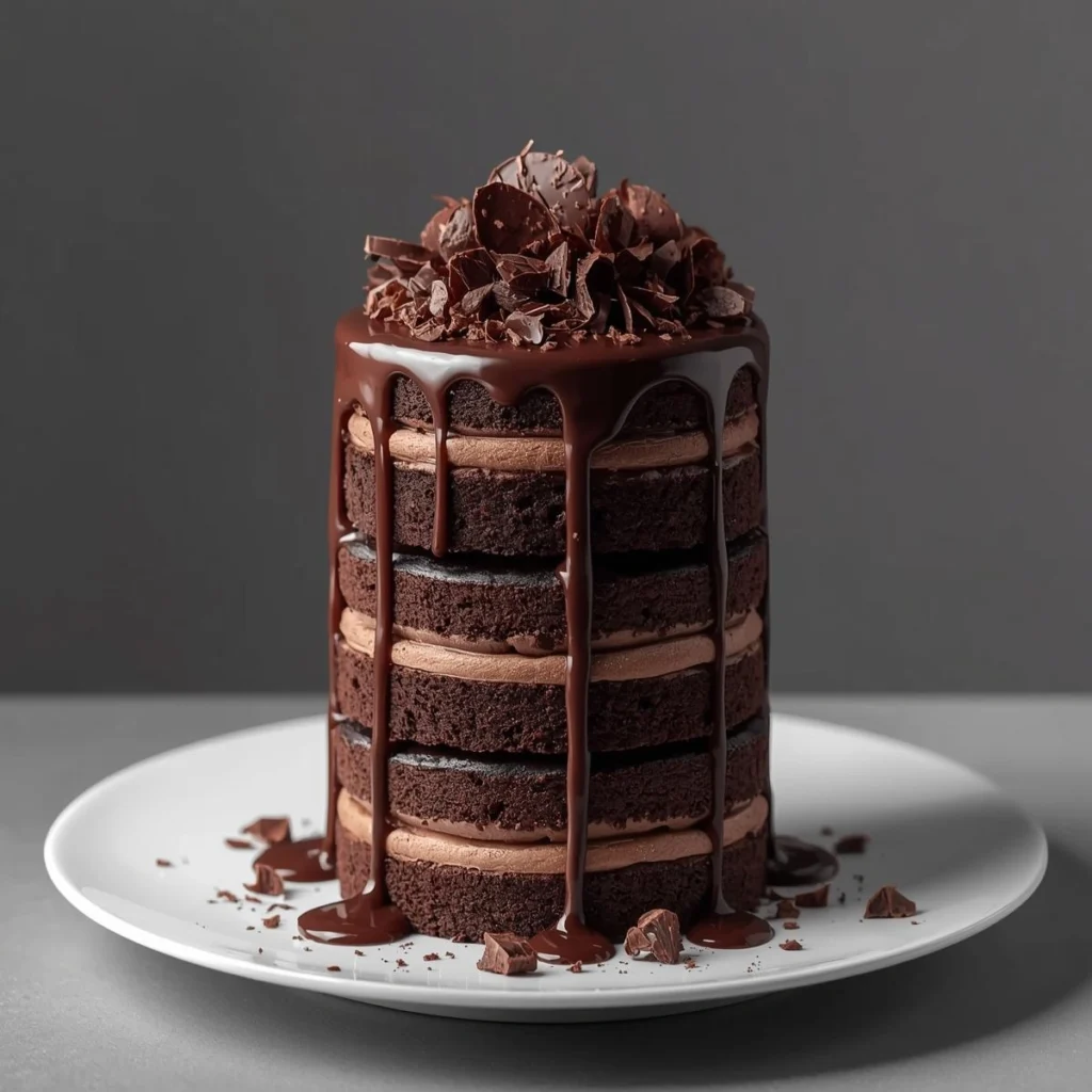 Outback Steakhouse Chocolate Tower Cake dessert with layered chocolate sponge, rich frosting and dripping ganache on a white plate