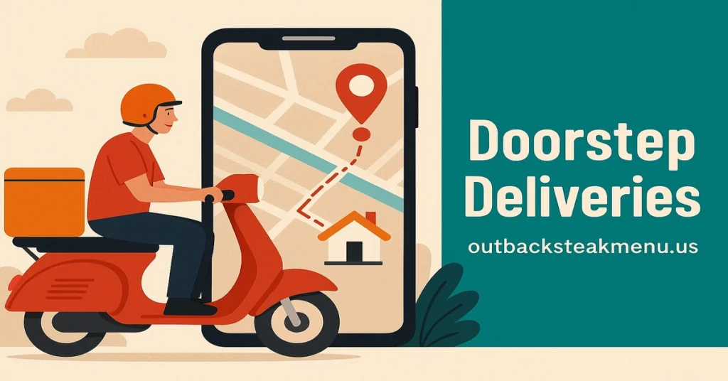 Illustration of Outback delivery ordering with a rider, tracking map, and doorstep delivery message.