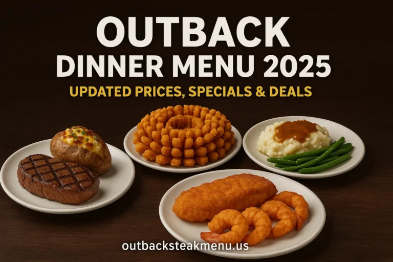 Outback Dinner Menu 2025 featuring steak, Bloomin’ Onion, fried chicken, shrimp, mashed potatoes and updated dinner specials with prices