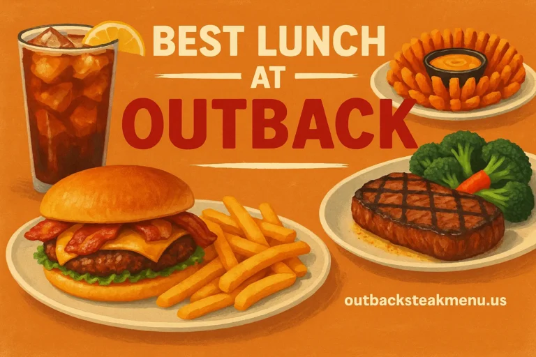Illustration of Outback Steakhouse lunch items including steak, fries, burger, broccoli, Bloomin’ Onion, and iced tea with branding for outbacksteakmenu.us