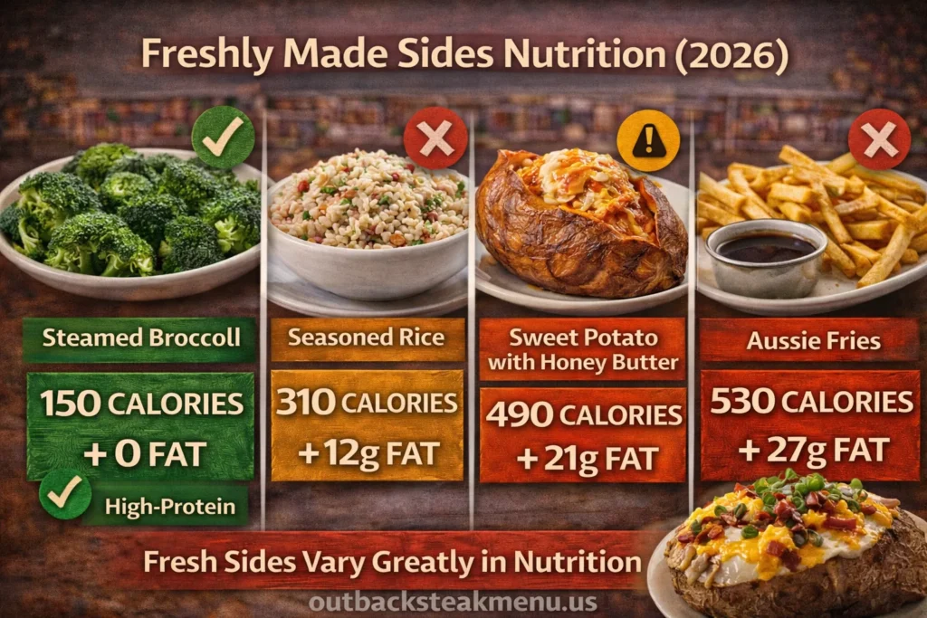 Outback Steakhouse freshly made sides nutrition infographic 2026 showing calories and fat for broccoli, seasoned rice, sweet potato, and Aussie fries