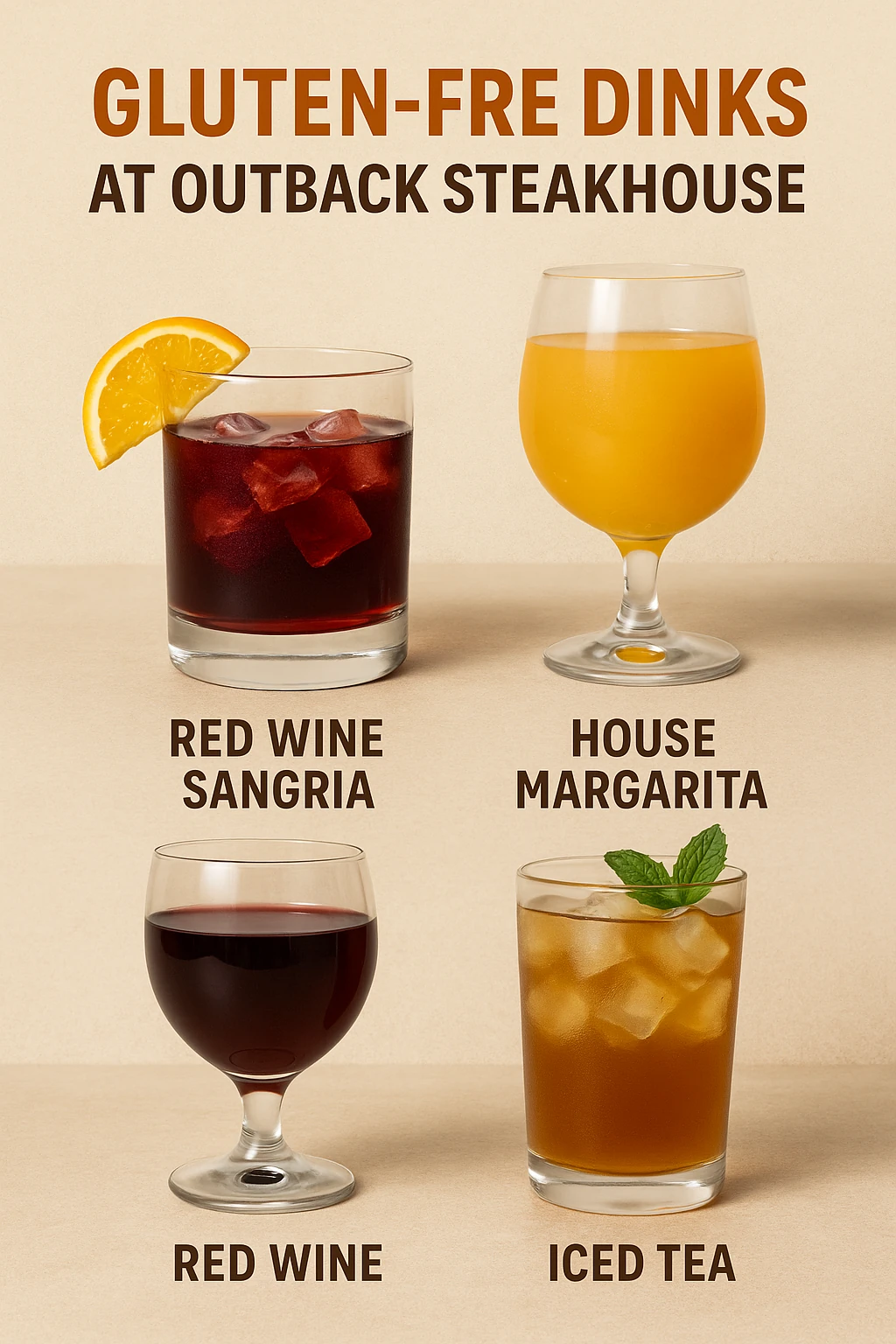 Outback gluten free menu drinks including red wine, margarita, iced tea, and sangria served safely