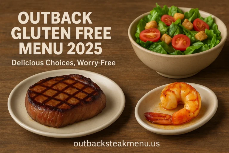 Outback gluten free menu featuring grilled steak, shrimp, and fresh salad with safe gluten-friendly options